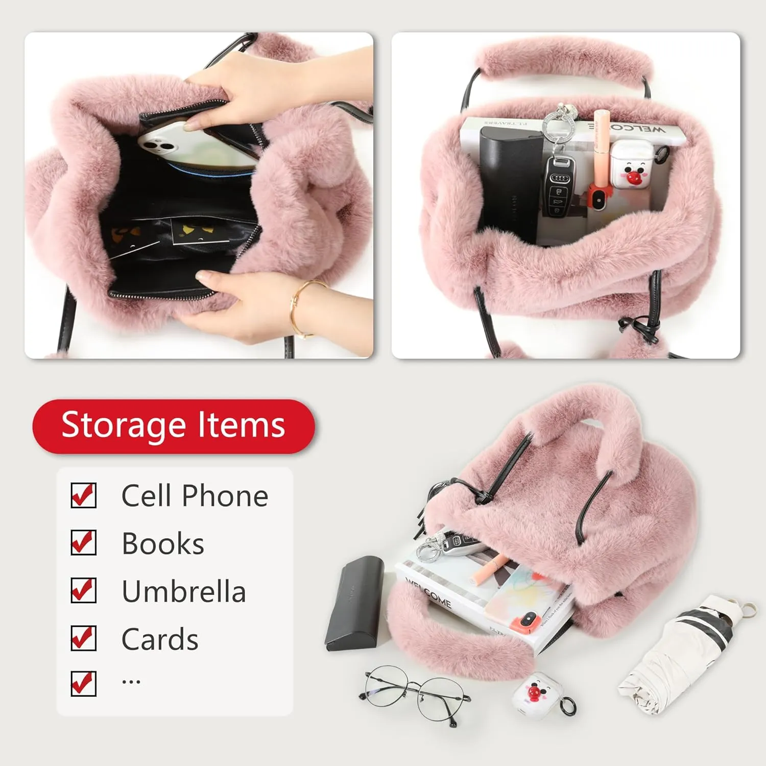Fur Story Tote Bag Faux Fur Purses for Women Plush Handbag Fuzzy Shoulder Bag Big Capacity Black Purse for womens Girls