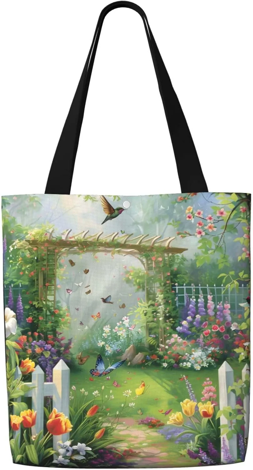 Garden Preety Scenery Canvas Shoulder Bag Reusable Tote Bag Soft Lightweight Cloth Bags For Women Girls Lady Casual