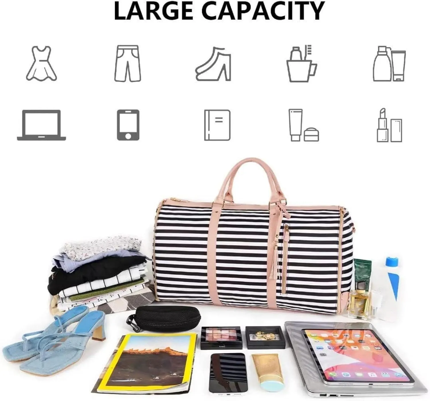 Garment Duffle Bags for Travel, 2 in 1 Hanging Suitcase Suit Convertible Foldable Carry on Garment Bags, Large Capacity Luggage Bag (Pink&Black)