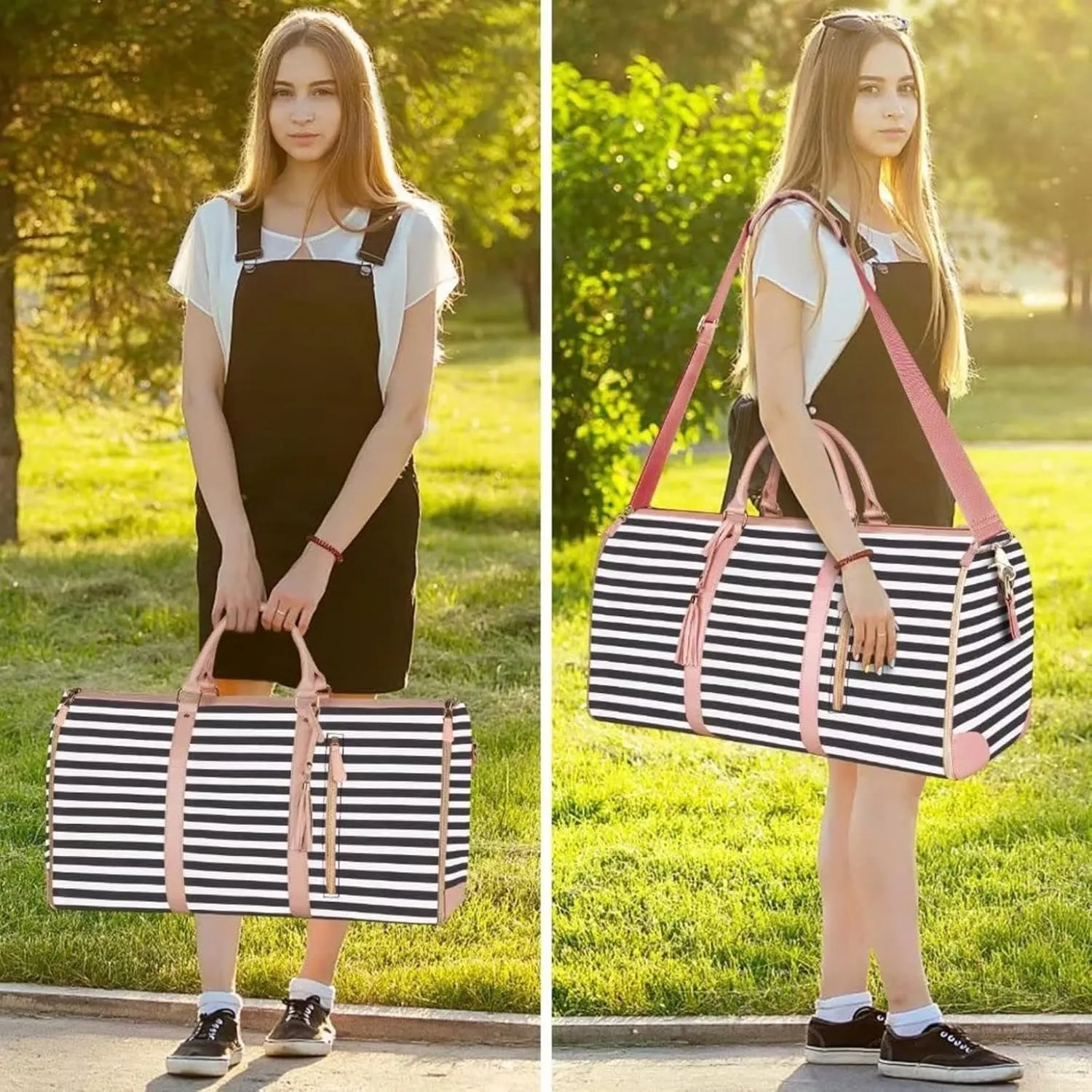 Garment Duffle Bags for Travel, 2 in 1 Hanging Suitcase Suit Convertible Foldable Carry on Garment Bags, Large Capacity Luggage Bag (Pink&Black)
