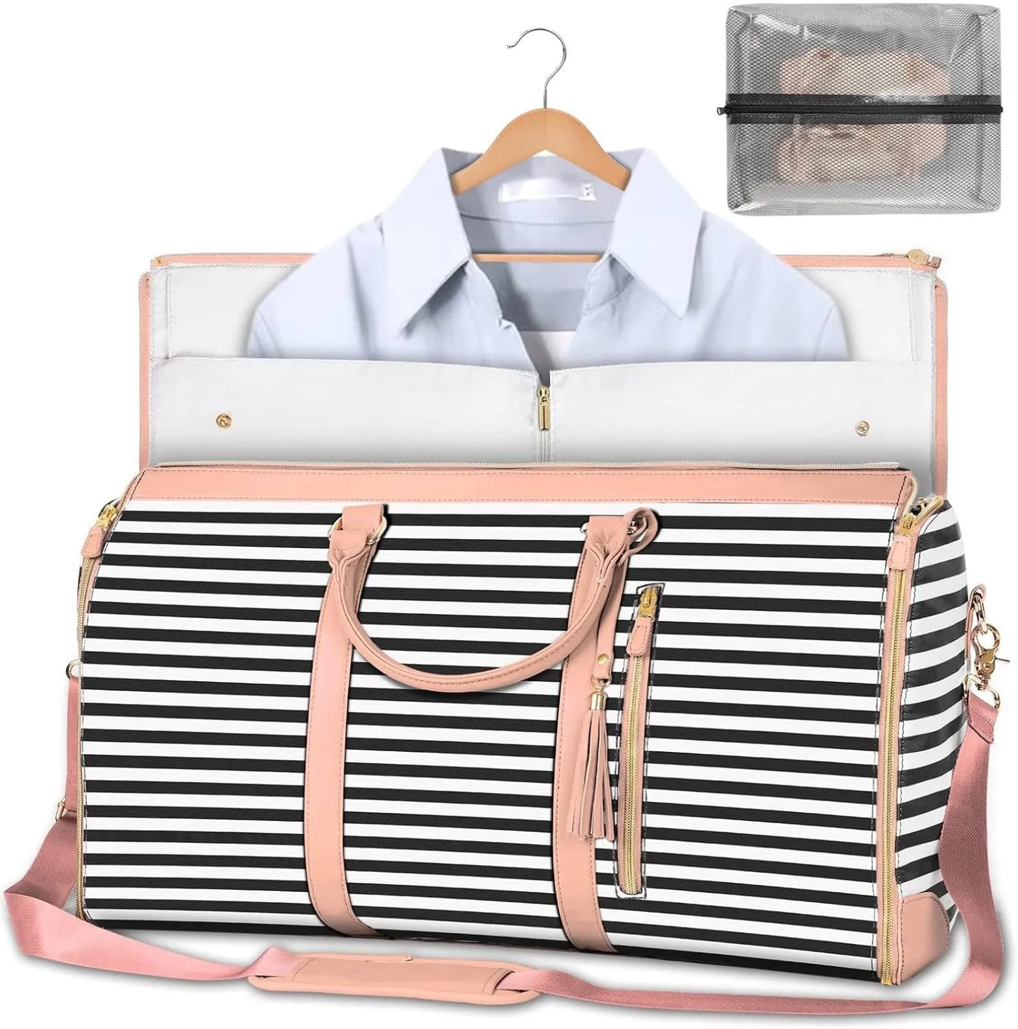 Garment Duffle Bags for Travel, 2 in 1 Hanging Suitcase Suit Convertible Foldable Carry on Garment Bags, Large Capacity Luggage Bag (Pink&Black)