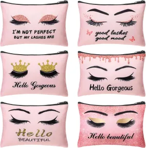 Gerrii 6 Pcs Hello Gorgeous Makeup Bag Pink Eyelash Canvas Cosmetic Bags Small Eyelash Purse Lipstick Travel Pouch Inspirational Gift for Women Toiletries Accessories Organizer
