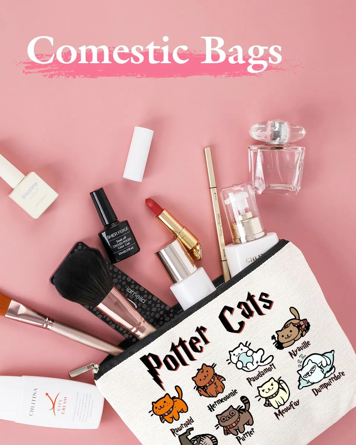 Gift for Best Friends Woman Female - Cosmetic Make Up Pouch Travel Toiletry Case with Trendy Cute Cat Aesthetic Design for Teen s Birthday Going-away Coworker