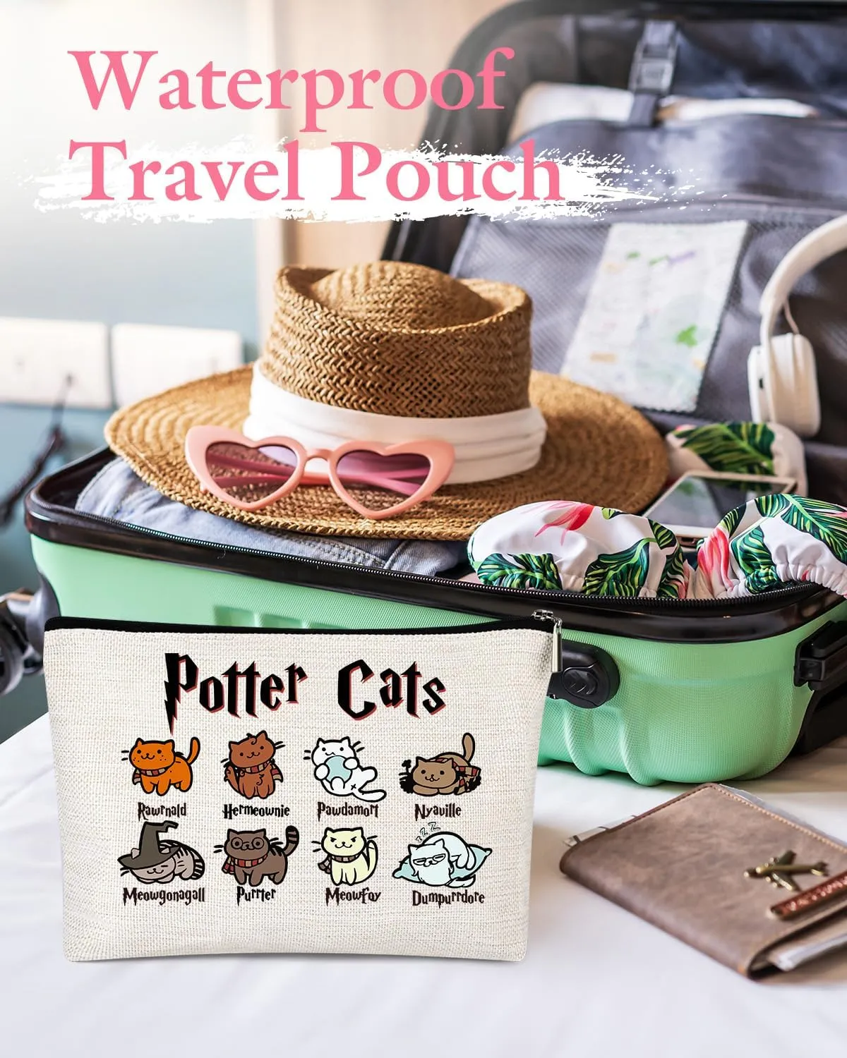 Gift for Best Friends Woman Female - Cosmetic Make Up Pouch Travel Toiletry Case with Trendy Cute Cat Aesthetic Design for Teen s Birthday Going-away Coworker