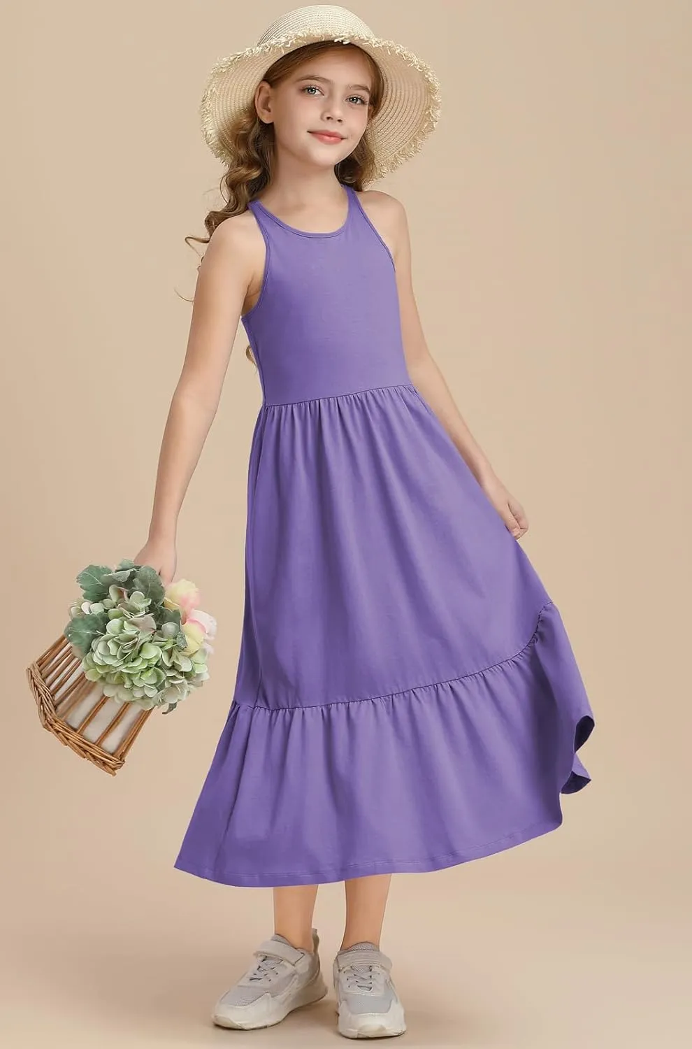 Girls Summer Maxi Dress Sleeveless Back Detailed Tiered Sundress with Pockets 5-12 Years