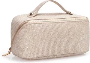 Glitter Travel Makeup Bag,Large Capacity Cosmetic Bags for Women,Stylish Open Flat Toiletry Pouch with Divider and Handle
