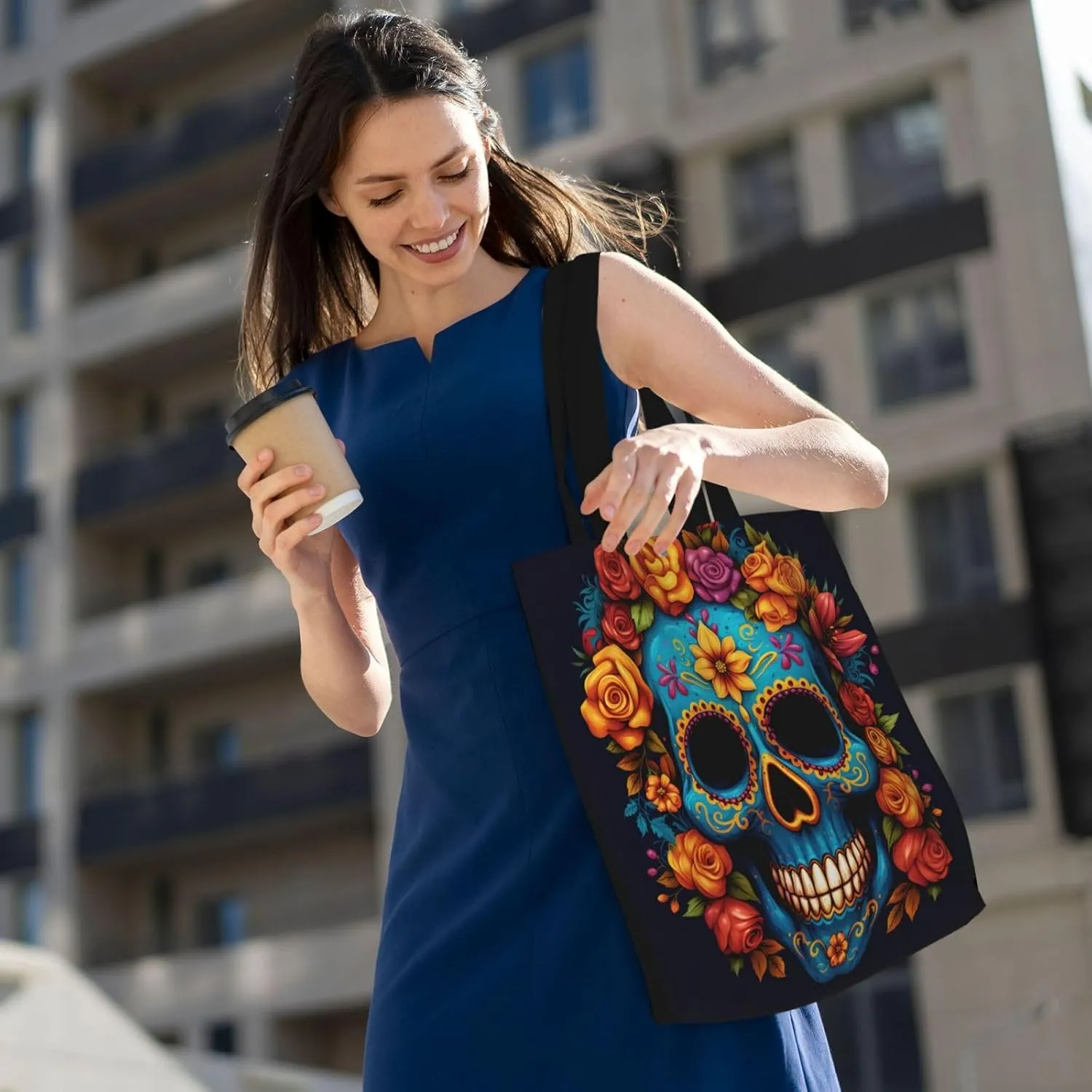Gold Circular Design Canvas Shoulder Bag Reusable Tote Bag Soft Lightweight Cloth Bags For Women Girls Lady Casual