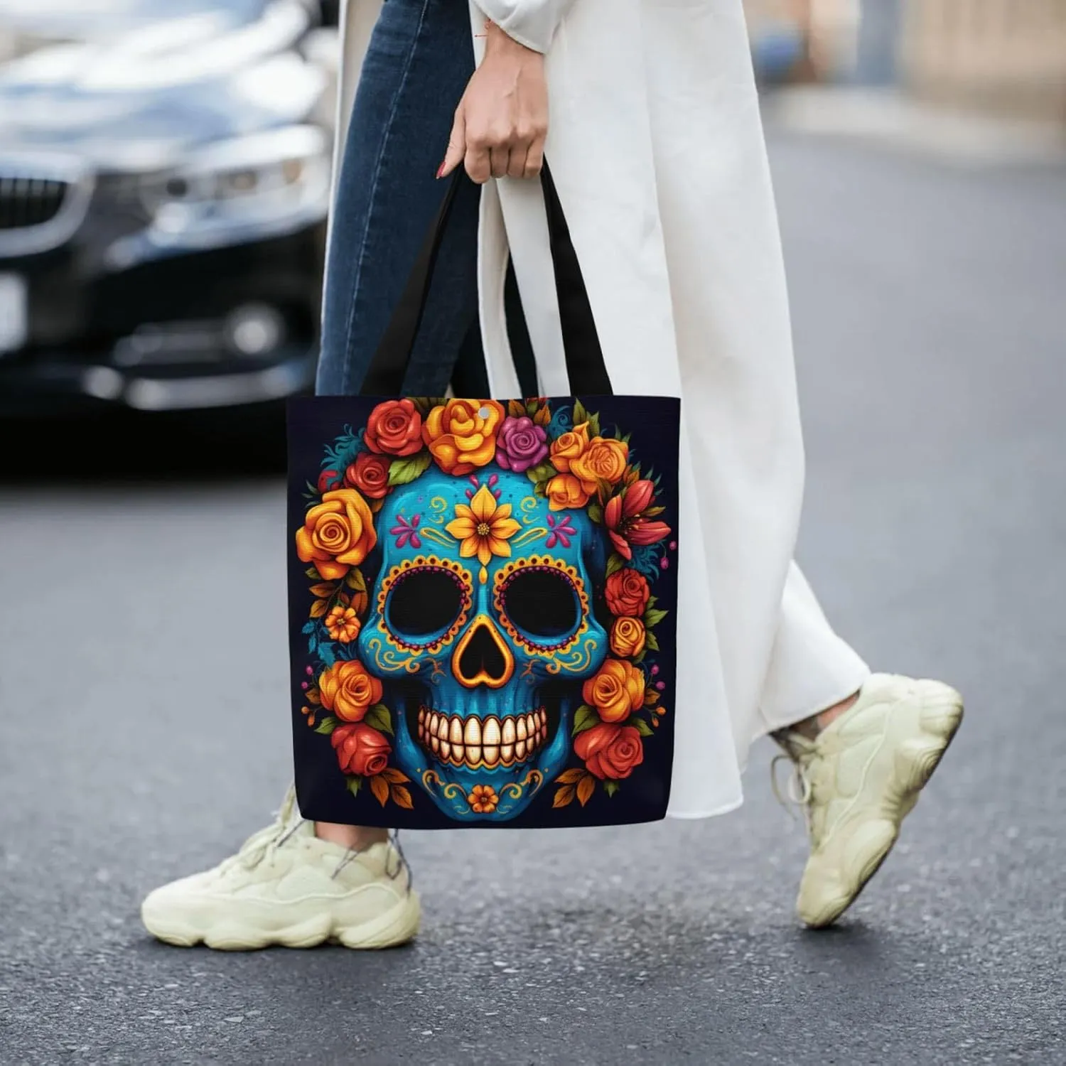Gold Circular Design Canvas Shoulder Bag Reusable Tote Bag Soft Lightweight Cloth Bags For Women Girls Lady Casual