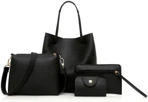 GOTOTOP 4 pcs Women Tote Bag Set, Fashion Synthetic Leather Handbags Tote Bag Shoulder Bag Top Handle Satchel Purse Set (Black)