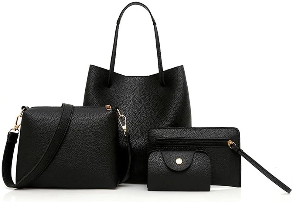 GOTOTOP 4 pcs Women Tote Bag Set, Fashion Synthetic Leather Handbags Tote Bag Shoulder Bag Top Handle Satchel Purse Set (Black)