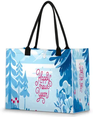 Happy Winter New Year Tote Bag for Women Large Beach Bag Reusable Grocery Bags Tote Bag for Work Shopping Travel Beach
