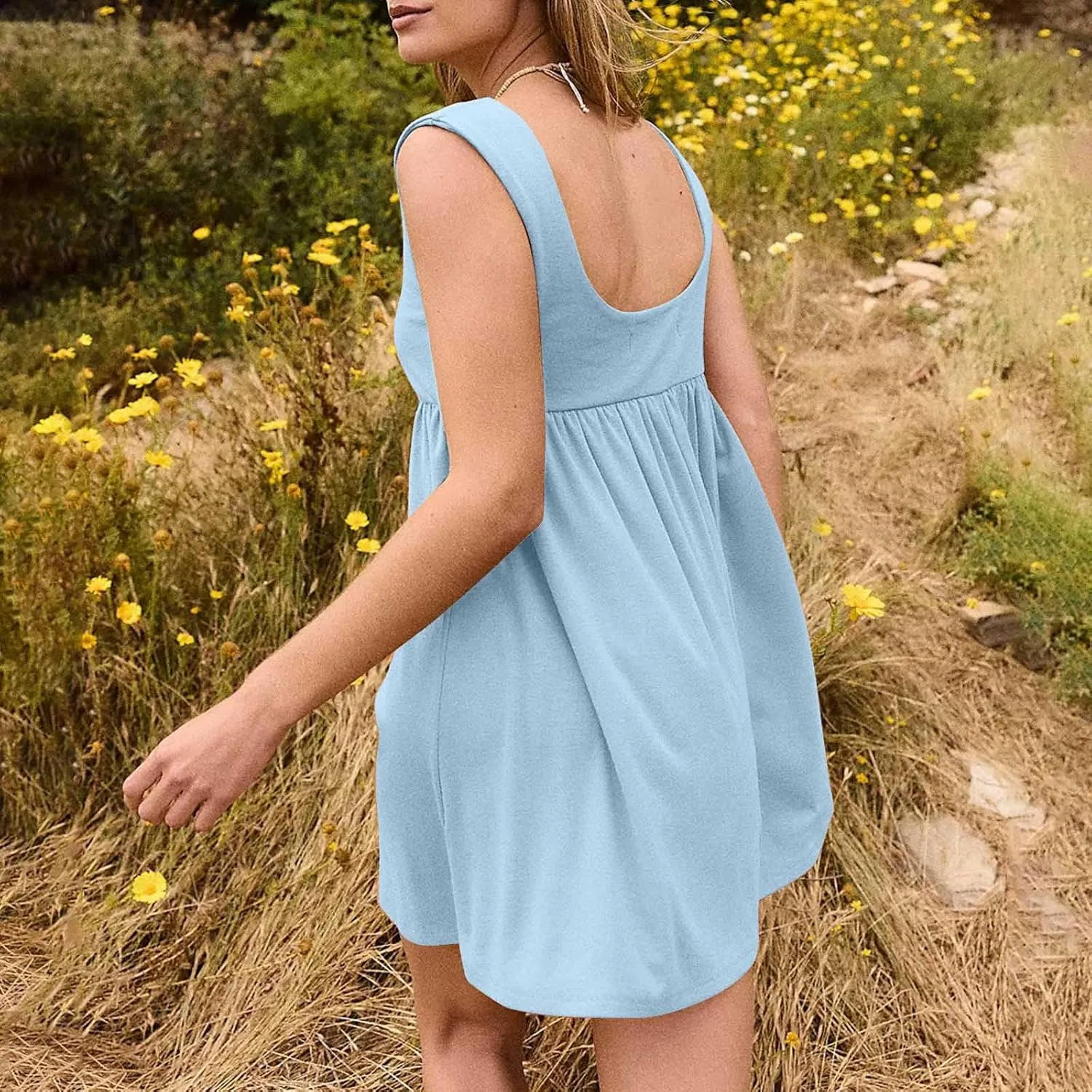 HGps8w Womens Cute Flowy Mini Babydoll Dress Sleeveless Casual Summer Swing Short Beach Sundress