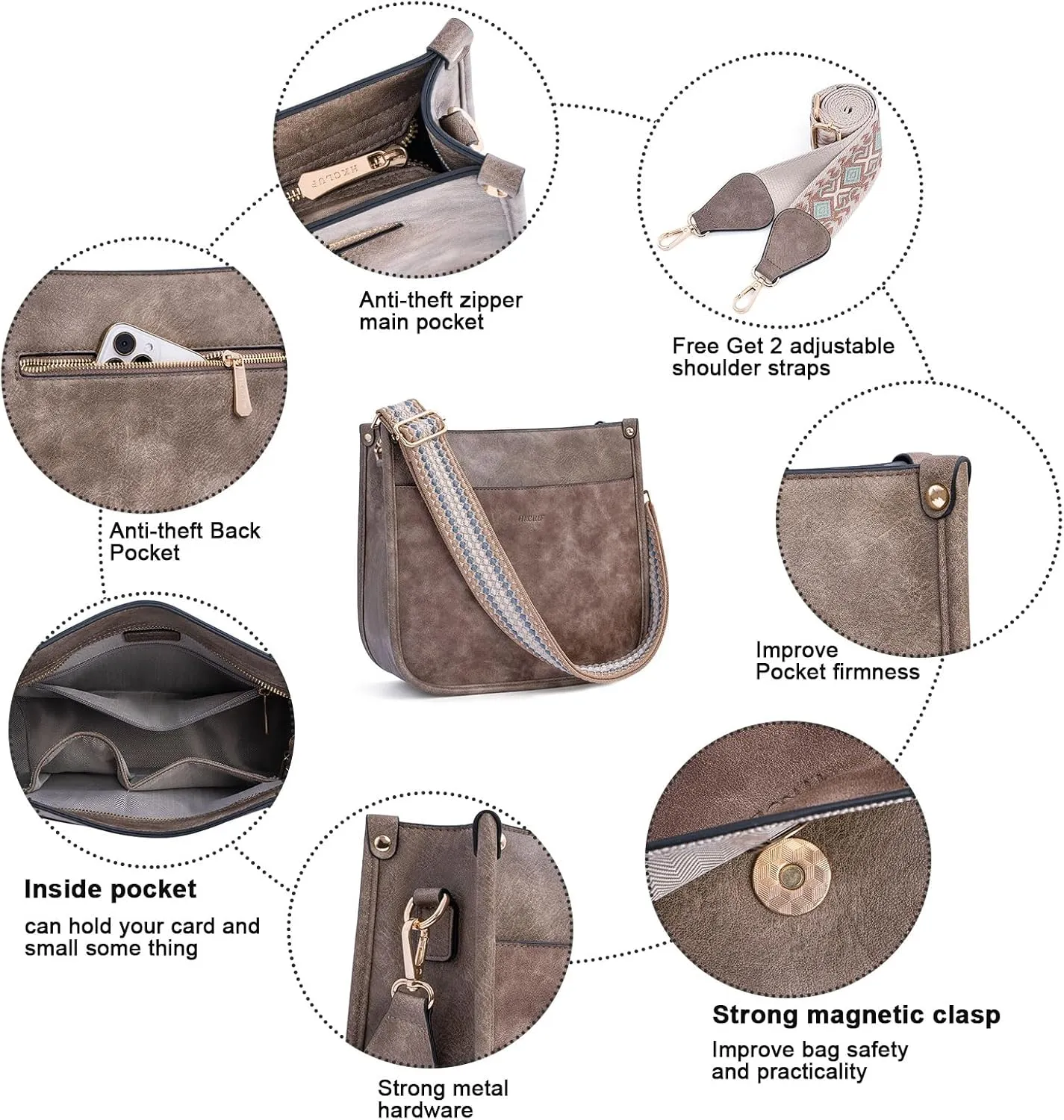 HKCLUF Crossbody Bags for Women Trendy Vegan Leather Hobo Handbags With 2PCS Adjustable Guitar Strap Shoulder Bucket Bags