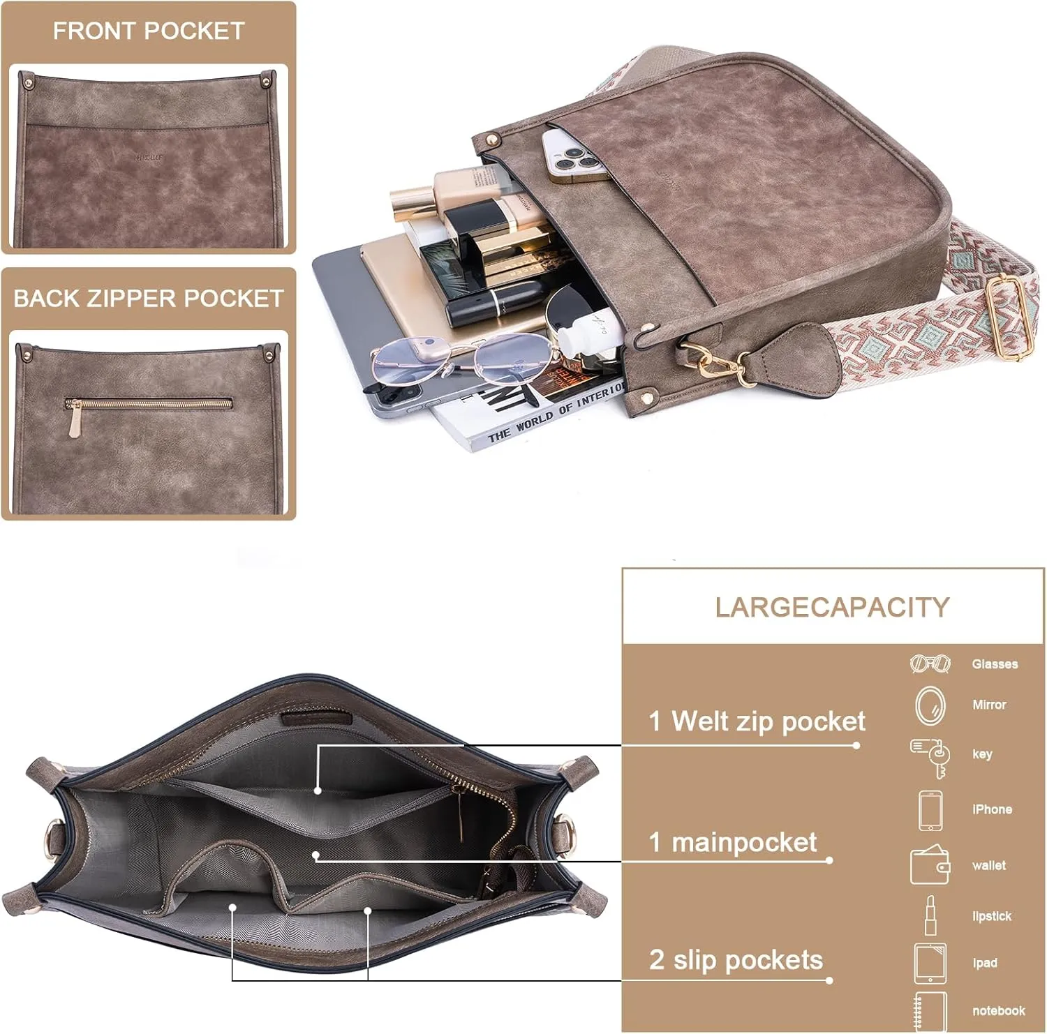 HKCLUF Crossbody Bags for Women Trendy Vegan Leather Hobo Handbags With 2PCS Adjustable Guitar Strap Shoulder Bucket Bags