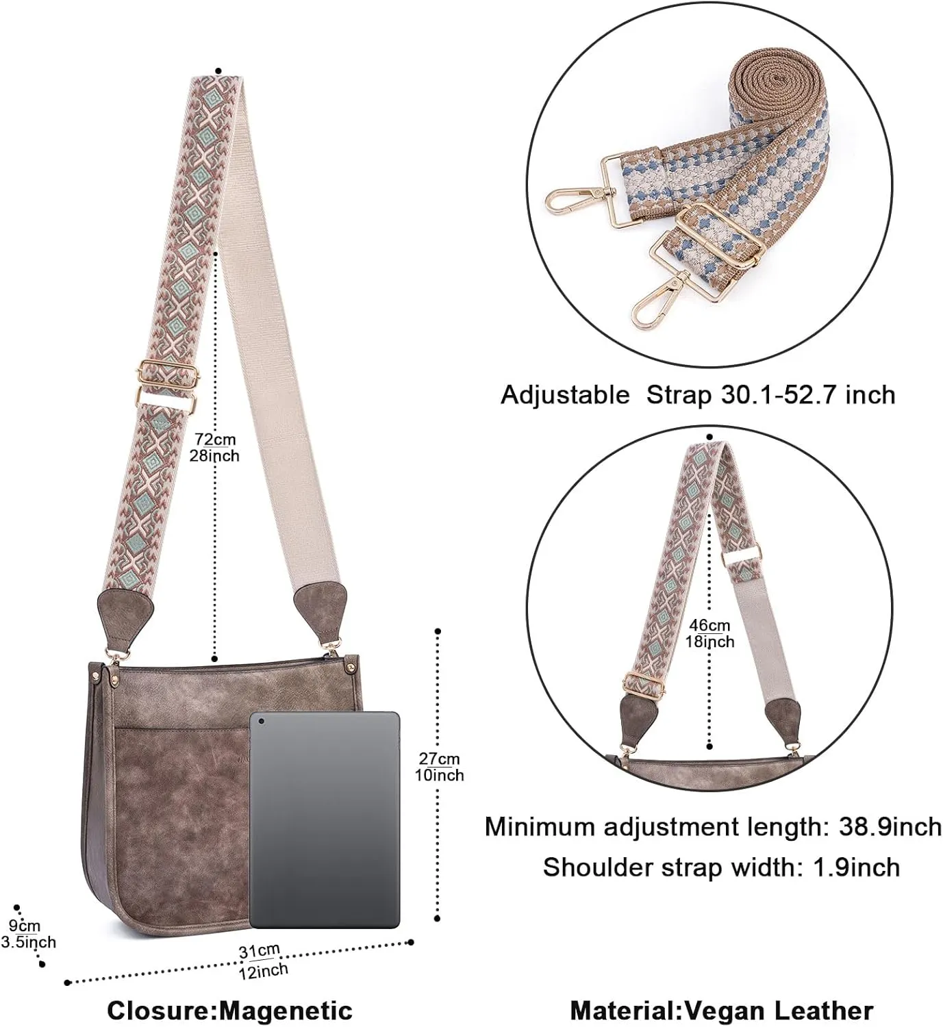 HKCLUF Crossbody Bags for Women Trendy Vegan Leather Hobo Handbags With 2PCS Adjustable Guitar Strap Shoulder Bucket Bags