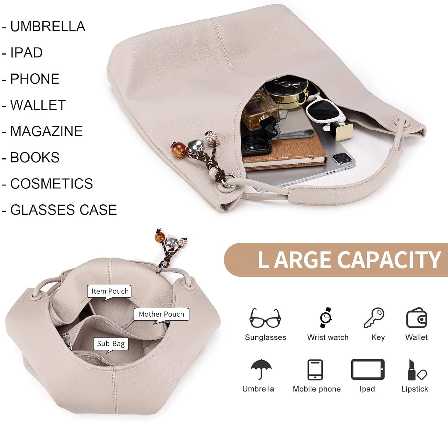 Hobo Purse for Women Trendy Vegan Leather Shoulder Bag Slouchy Hobo Bags with Charm and small Purse