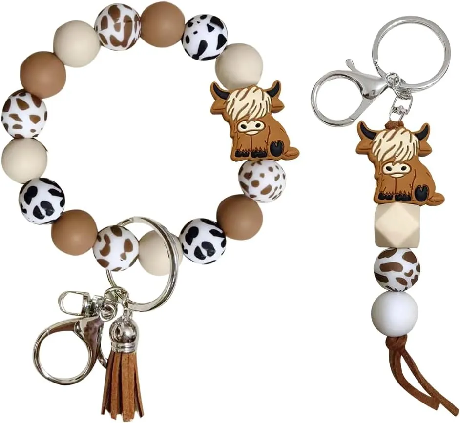 iMagitek Highland Cow Keychain Wristlet Silione Beaded Keychains Highland Cow Wristlet Keyring Gifts for Girls Women Boys 2 Pack
