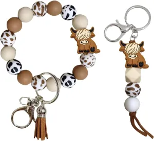 iMagitek Highland Cow Keychain Wristlet Silione Beaded Keychains Highland Cow Wristlet Keyring Gifts for Girls Women Boys 2 Pack