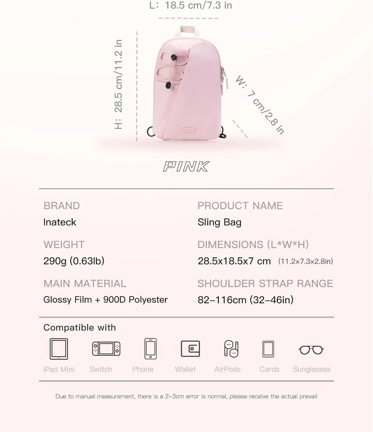 Inateck Sling Bag X-Row with RFID Blocking, Spacious Crossbody Shoulder Chest Everyday Carry Bag with Quick-adjust Strap, Water-resistant Sling Backpack for Men, Women, Travel, Cycling, Hiking, Pink