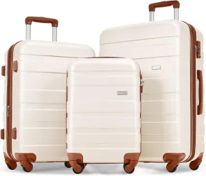 JCSD Durable Lightweight 3-Piece Hardshell Luggage Set with Spinner Wheels, Adjustable Handles, Ivory
