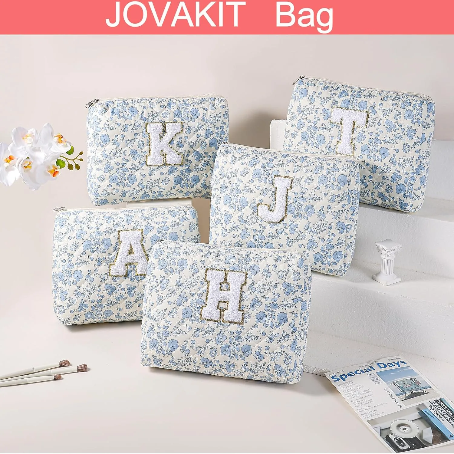 JOVAKIT Makeup Bag Cosmetic Bag for Women, Cute Christmas Gifts Floral Coquette Make Up Bag, Floral Flowers Coquette Travel Toiletry Bag, Zipper Make Up Pouch Organizer Trendy Stuff (Blue S)