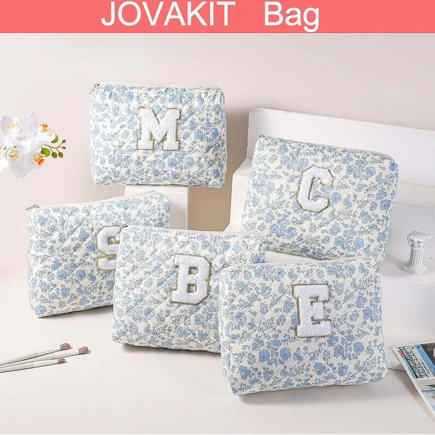 JOVAKIT Makeup Bag Cosmetic Bag for Women, Cute Christmas Gifts Floral Coquette Make Up Bag, Floral Flowers Coquette Travel Toiletry Bag, Zipper Make Up Pouch Organizer Trendy Stuff (Blue S)