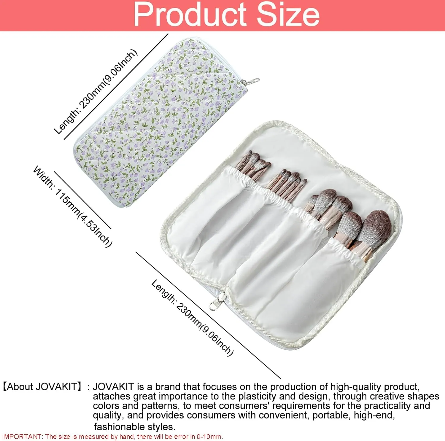 JOVAKIT Quilted Makeup Brush Holder Travel Cosmetic Bag for Women, Floral Coquette Cotton Makeup Brush Case Toiletry Zipper Make Up Pouch, Travel Storage Organizer Pouch (Purple Floral)