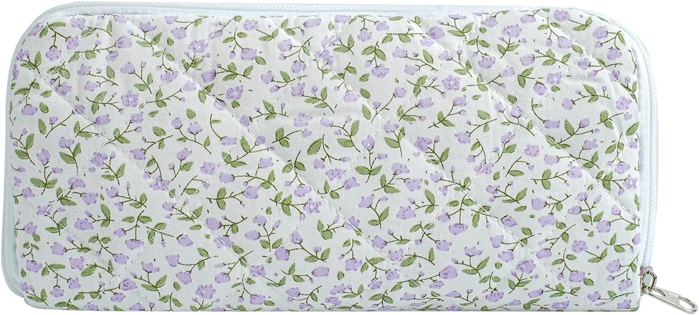 JOVAKIT Quilted Makeup Brush Holder Travel Cosmetic Bag for Women, Floral Coquette Cotton Makeup Brush Case Toiletry Zipper Make Up Pouch, Travel Storage Organizer Pouch (Purple Floral)