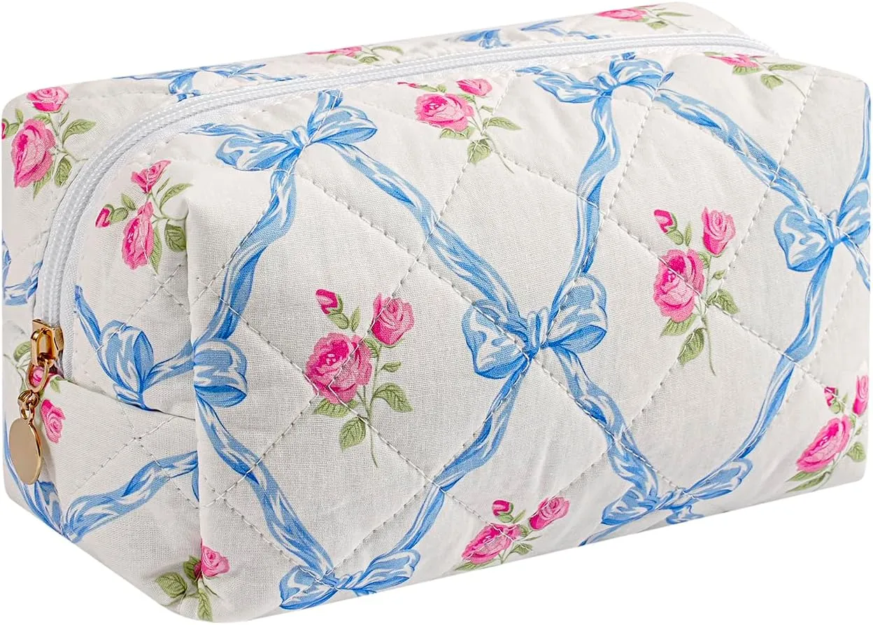 JOVAKIT Square Makeup Bag Cute Cosmetic Bag for Women, Floral Coquette Aesthetic Toiletry Bag, Zipper Make Up Pouch, Travel Make Up Organizer Bag (Blue Bowknot)