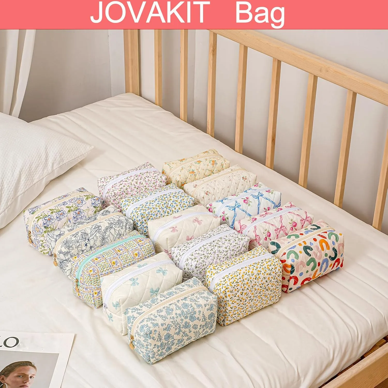 JOVAKIT Square Makeup Bag Cute Cosmetic Bag for Women, Floral Coquette Aesthetic Toiletry Bag, Zipper Make Up Pouch, Travel Make Up Organizer Bag (Blue Bowknot)