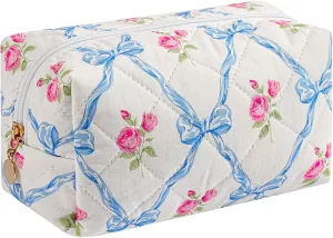 JOVAKIT Square Makeup Bag Cute Cosmetic Bag for Women, Floral Coquette Aesthetic Toiletry Bag, Zipper Make Up Pouch, Travel Make Up Organizer Bag (Blue Bowknot)