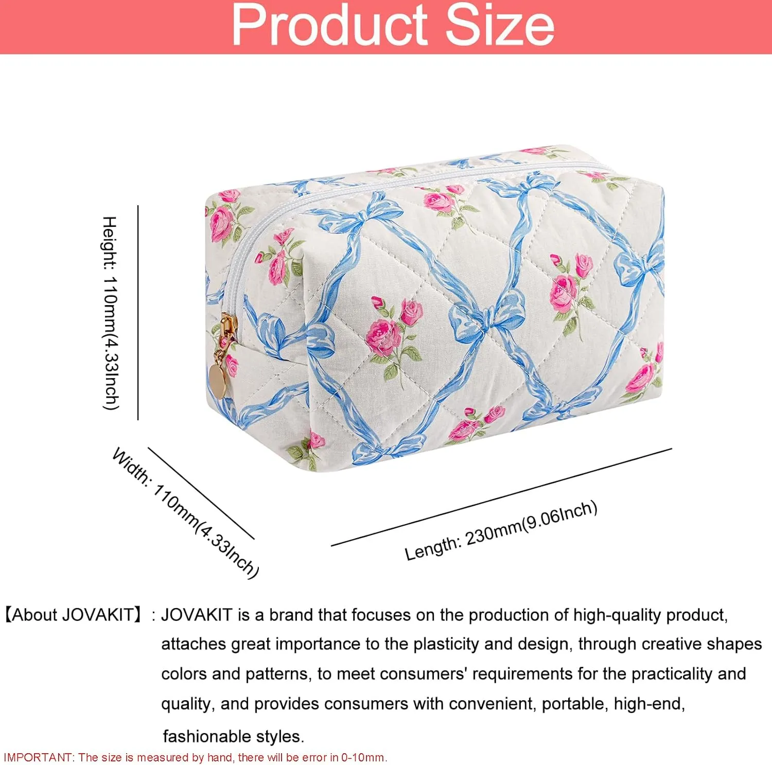 JOVAKIT Square Makeup Bag Cute Cosmetic Bag for Women, Floral Coquette Aesthetic Toiletry Bag, Zipper Make Up Pouch, Travel Make Up Organizer Bag (Blue Bowknot)