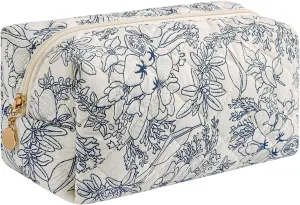 JOVAKIT Square Makeup Bag Cute Cosmetic Bag for Women, Floral Coquette Aesthetic Toiletry Bag, Zipper Make Up Pouch, Travel Make Up Organizer Bag (Navy Blue Flower)