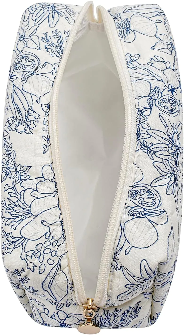 JOVAKIT Square Makeup Bag Cute Cosmetic Bag for Women, Floral Coquette Aesthetic Toiletry Bag, Zipper Make Up Pouch, Travel Make Up Organizer Bag (Navy Blue Flower)