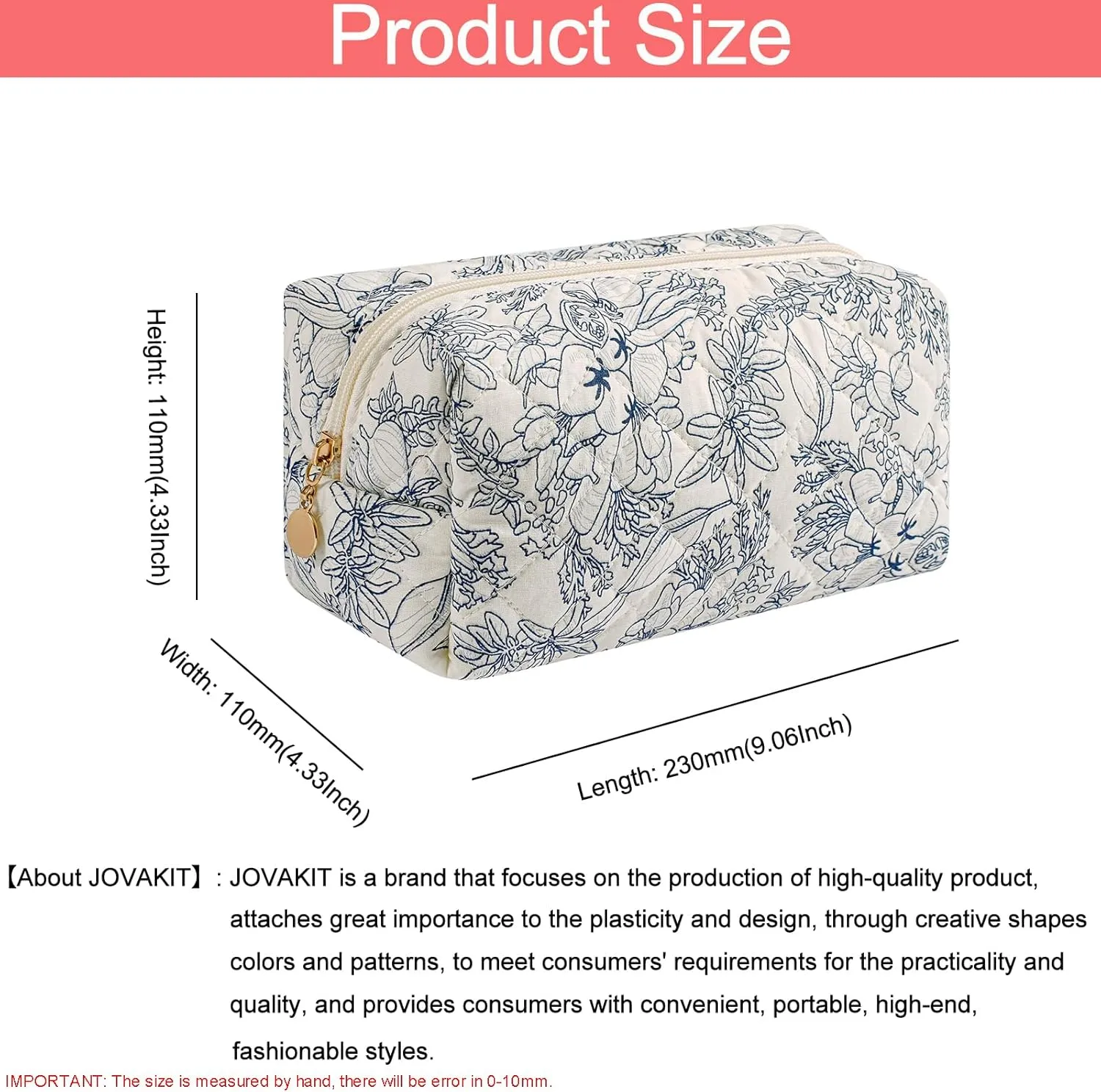 JOVAKIT Square Makeup Bag Cute Cosmetic Bag for Women, Floral Coquette Aesthetic Toiletry Bag, Zipper Make Up Pouch, Travel Make Up Organizer Bag (Navy Blue Flower)
