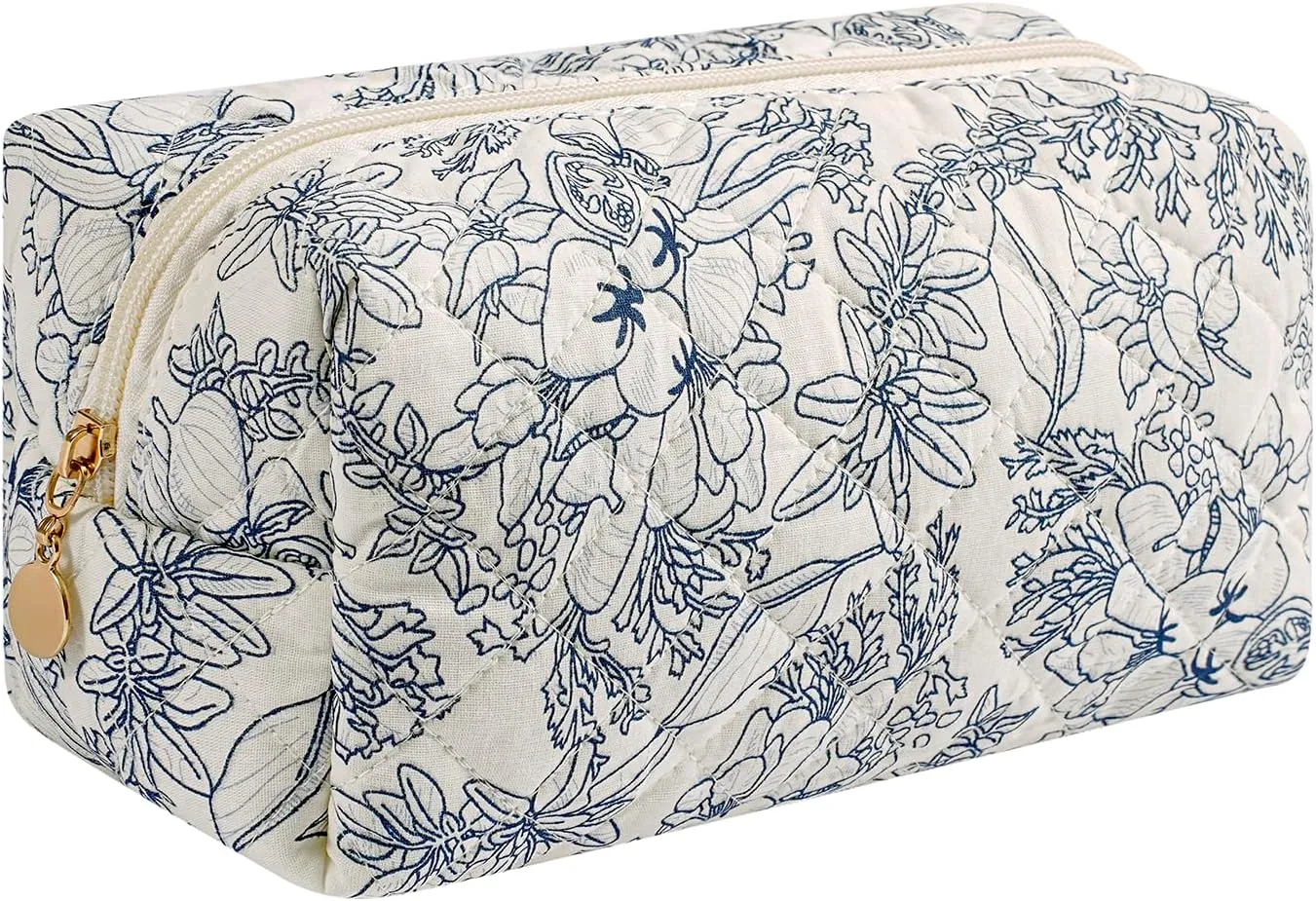 JOVAKIT Square Makeup Bag Cute Cosmetic Bag for Women, Floral Coquette Aesthetic Toiletry Bag, Zipper Make Up Pouch, Travel Make Up Organizer Bag (Navy Blue Flower)