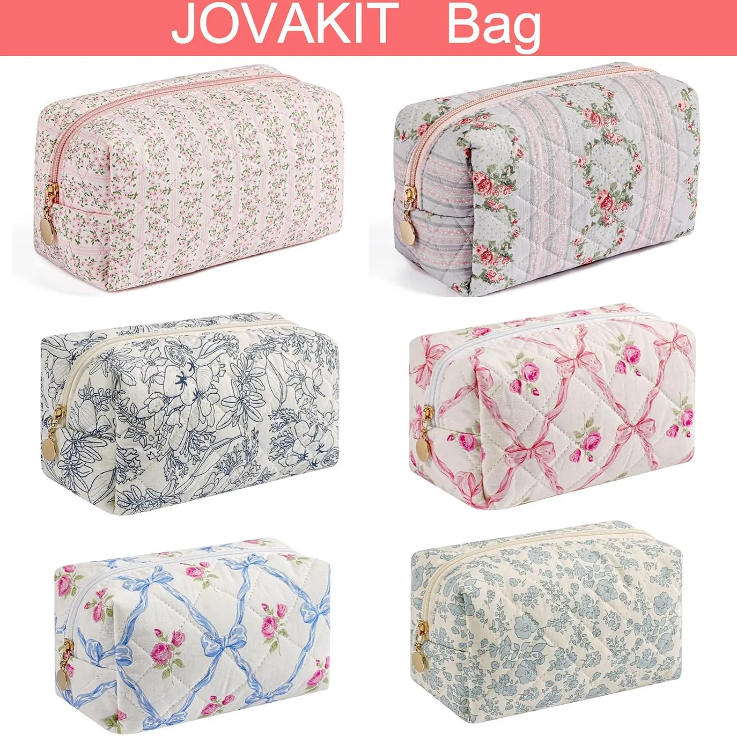 JOVAKIT Square Makeup Bag Cute Cosmetic Bag for Women, Floral Coquette Aesthetic Toiletry Bag, Zipper Make Up Pouch, Travel Make Up Organizer Bag (Navy Blue Flower)