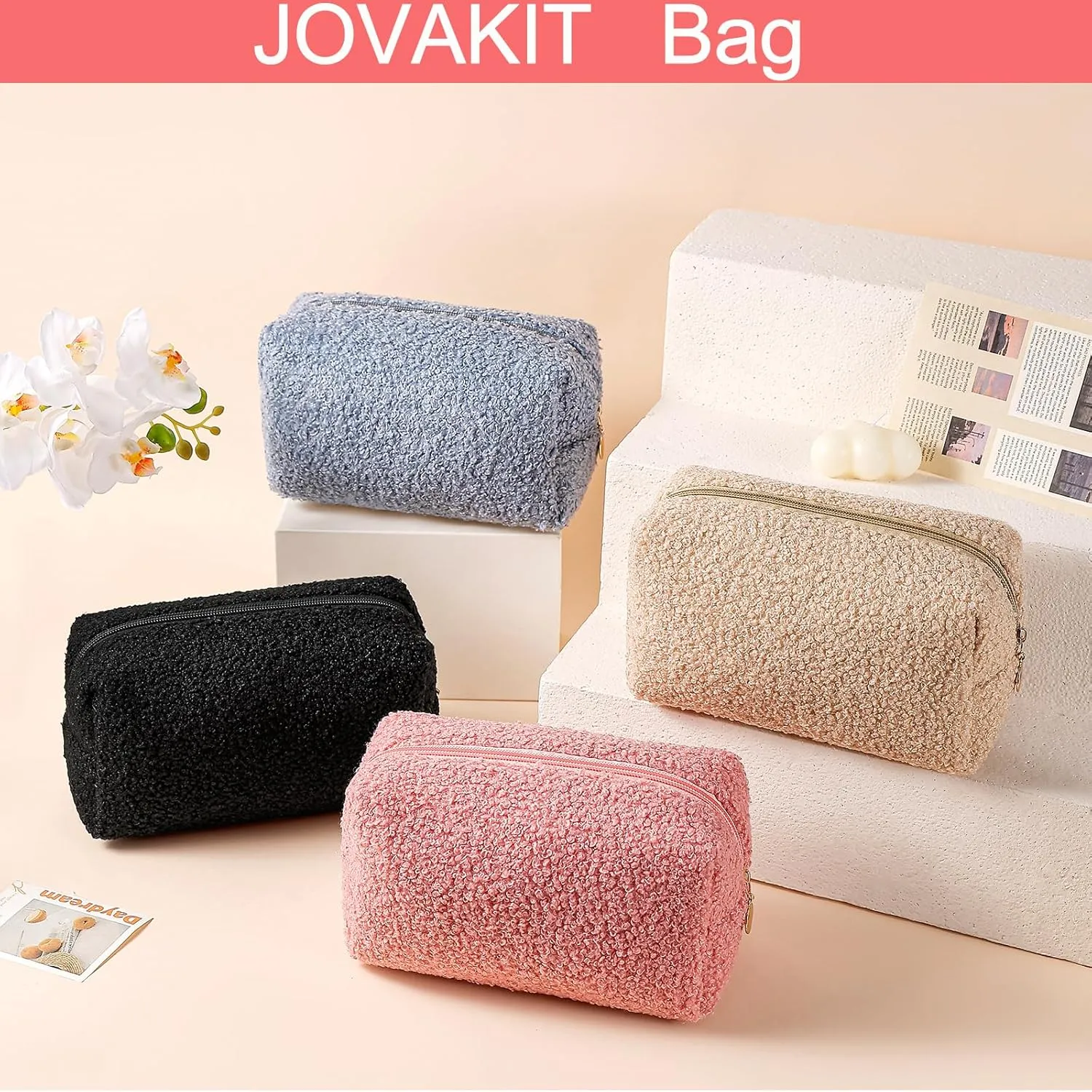 JOVAKIT Travel Makeup Bag Cosmetic Bag for Women, Fashion Christmas Gifts, Plush Zipper Make Up Pouch, Large Capacity Toiletry Organizer Makeup, Portable Storage Bag Trendy Stuff (Green)