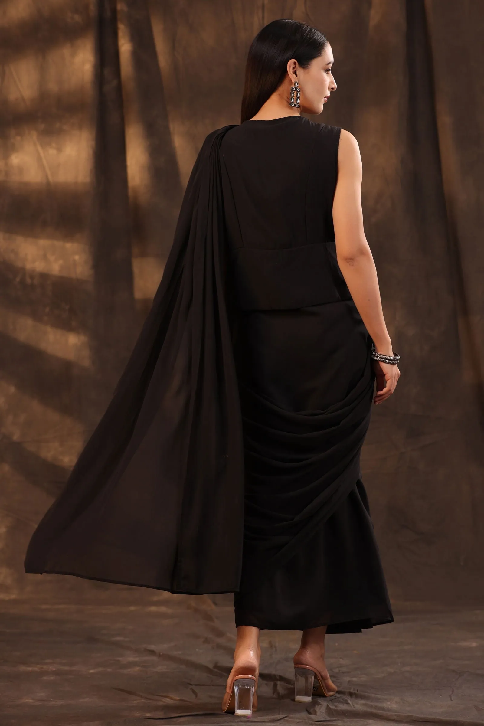 Juniper Black Floral Printed Georgette Embellished Pre-Draped Saree Style Dress With Thread Work Embroidery
