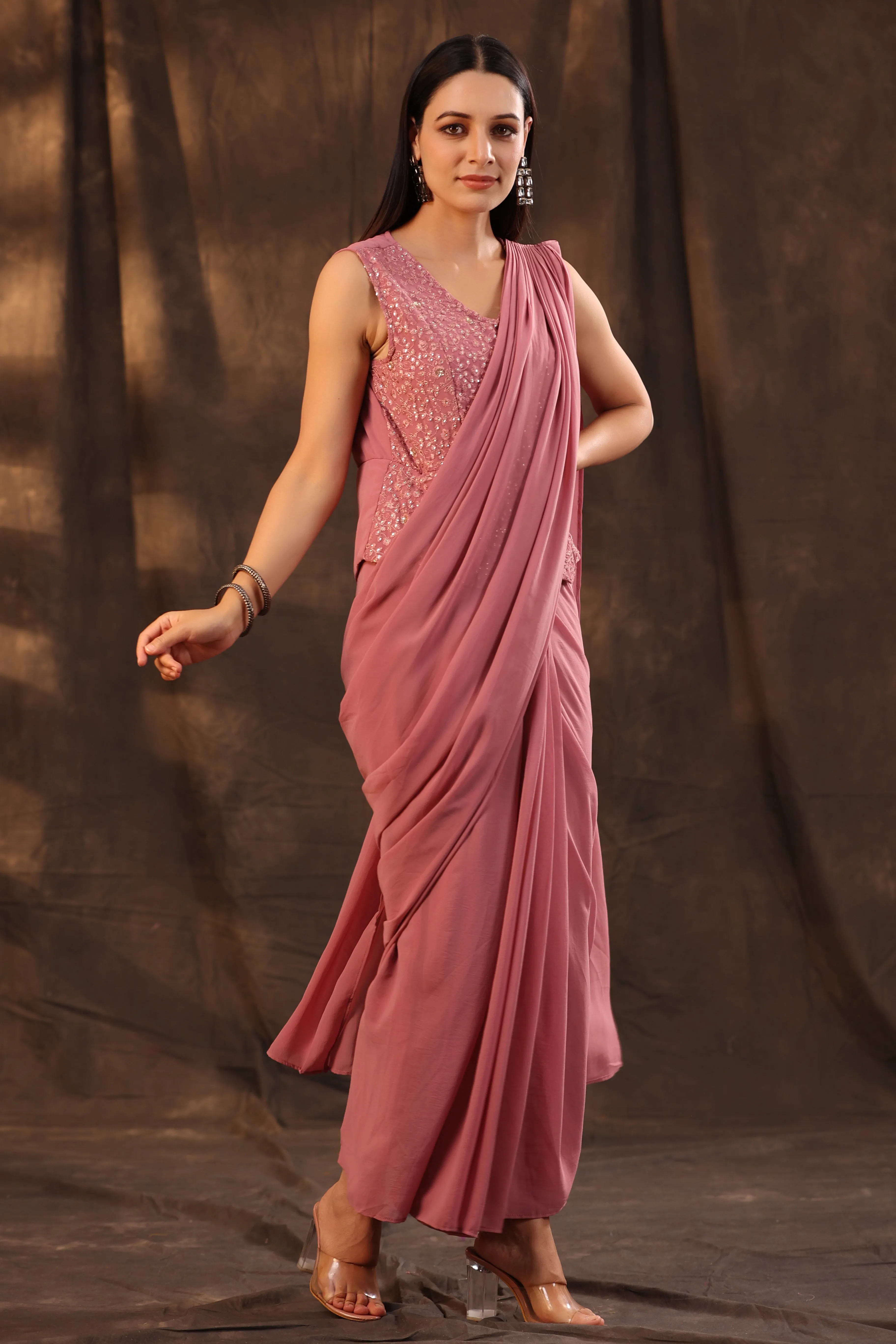 Juniper Rose Gold Floral Printed Georgette Embellished Pre-Draped Saree Style Dress With Thread Work Embroidery