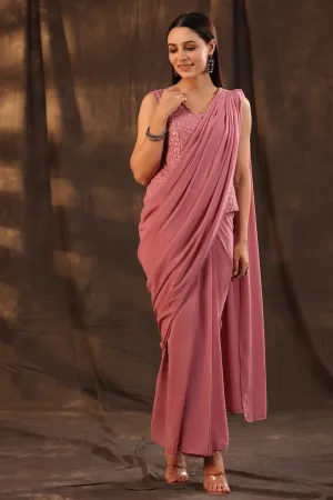 Juniper Rose Gold Floral Printed Georgette Embellished Pre-Draped Saree Style Dress With Thread Work Embroidery