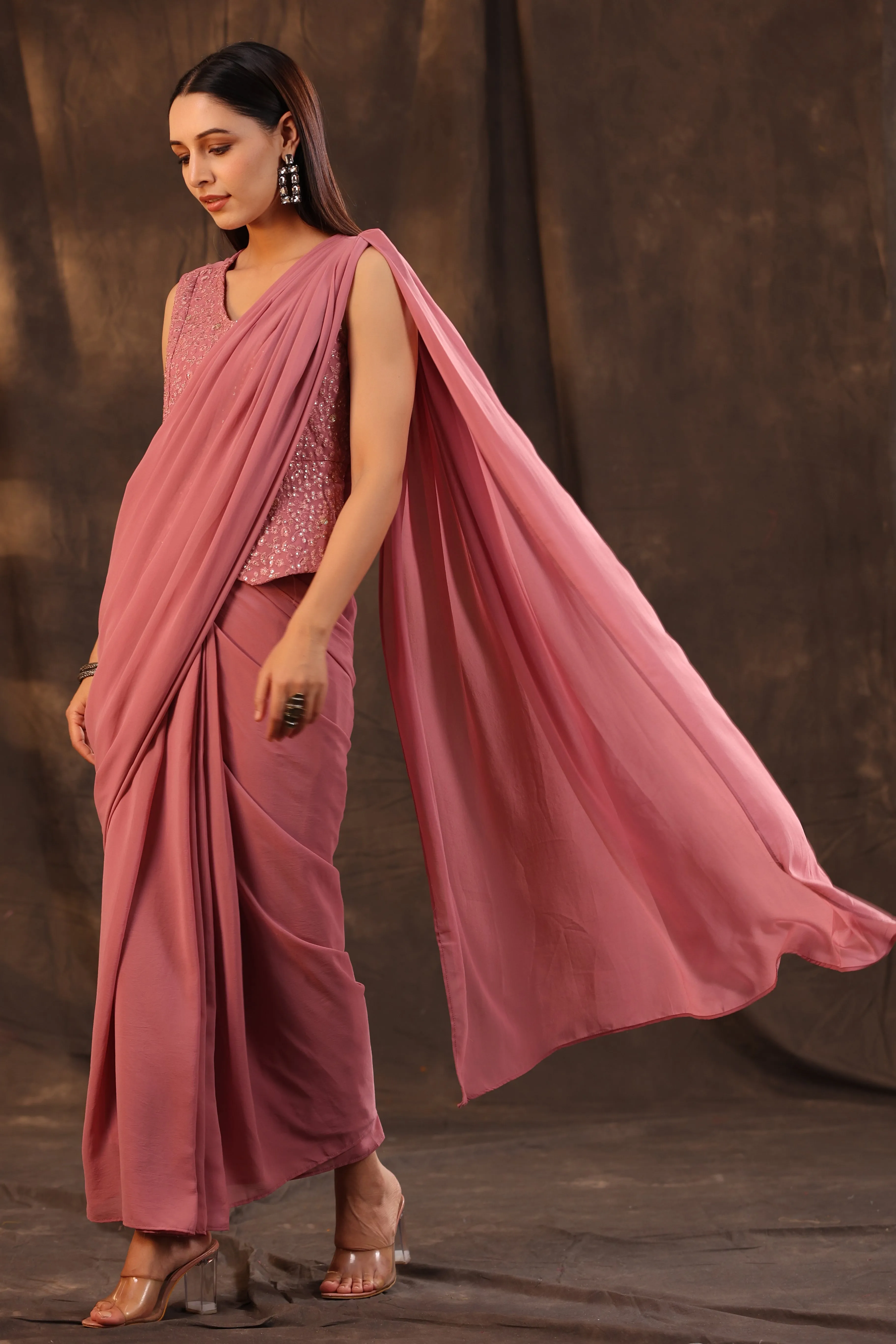Juniper Rose Gold Floral Printed Georgette Embellished Pre-Draped Saree Style Dress With Thread Work Embroidery