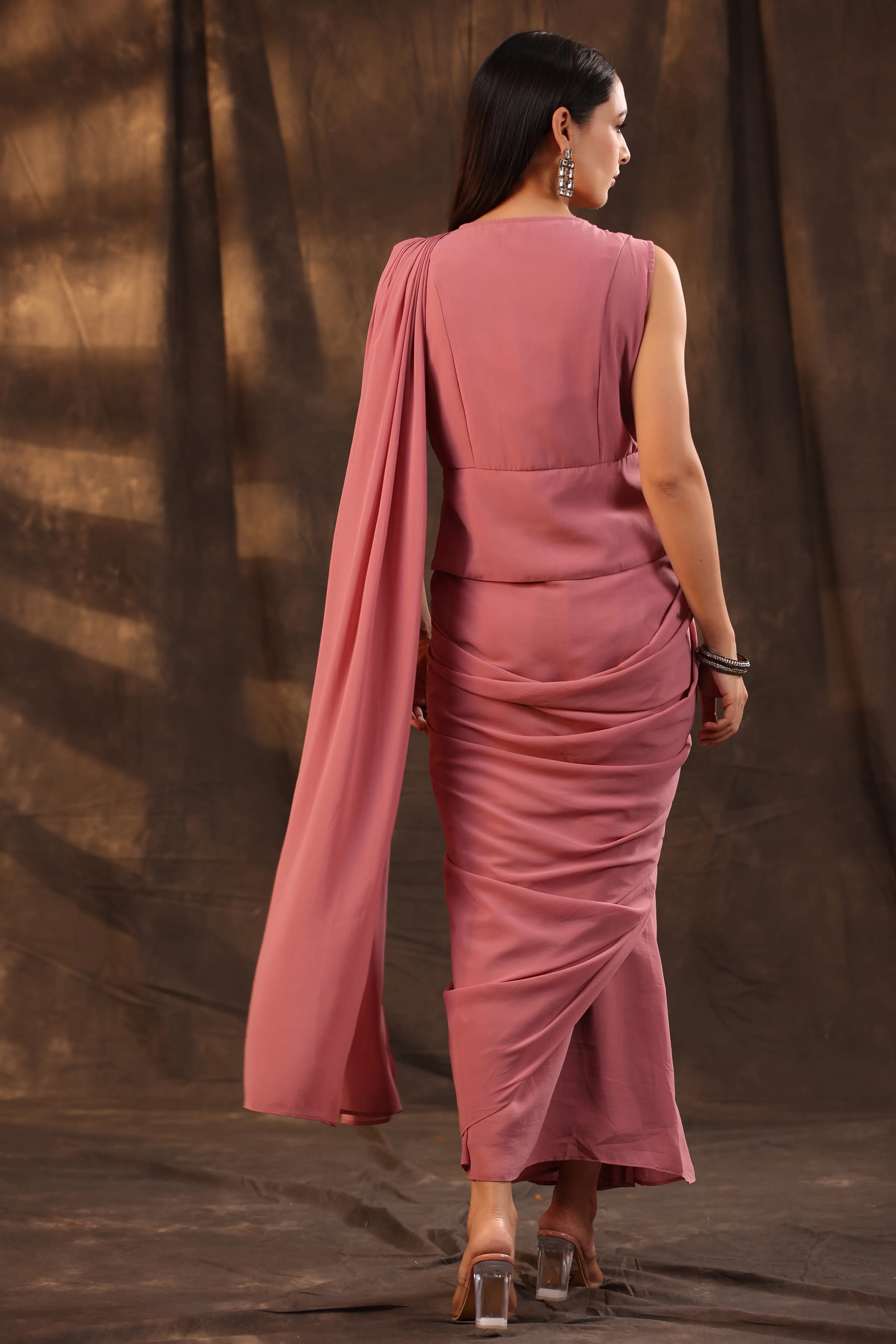 Juniper Rose Gold Floral Printed Georgette Embellished Pre-Draped Saree Style Dress With Thread Work Embroidery