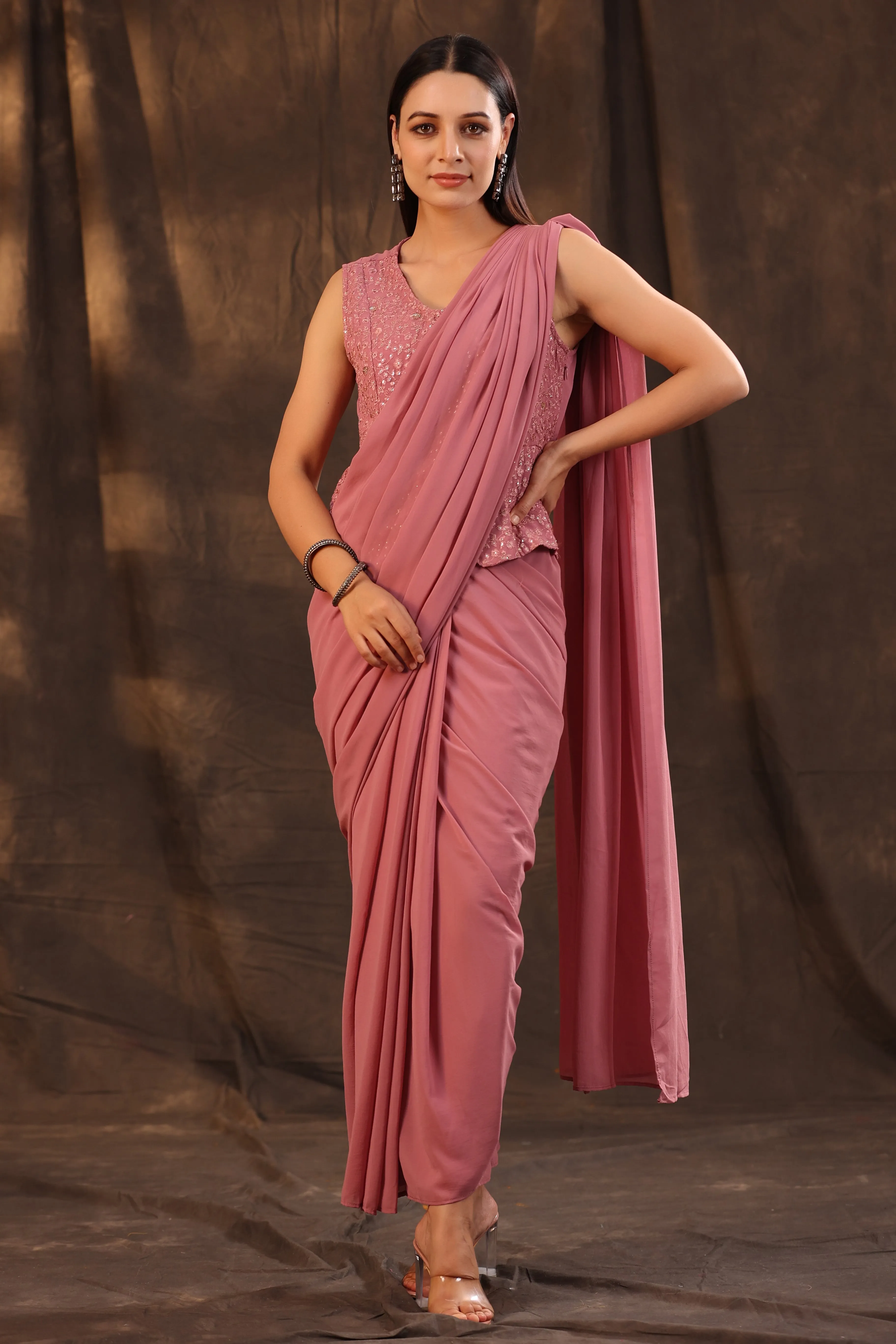 Juniper Rose Gold Floral Printed Georgette Embellished Pre-Draped Saree Style Dress With Thread Work Embroidery