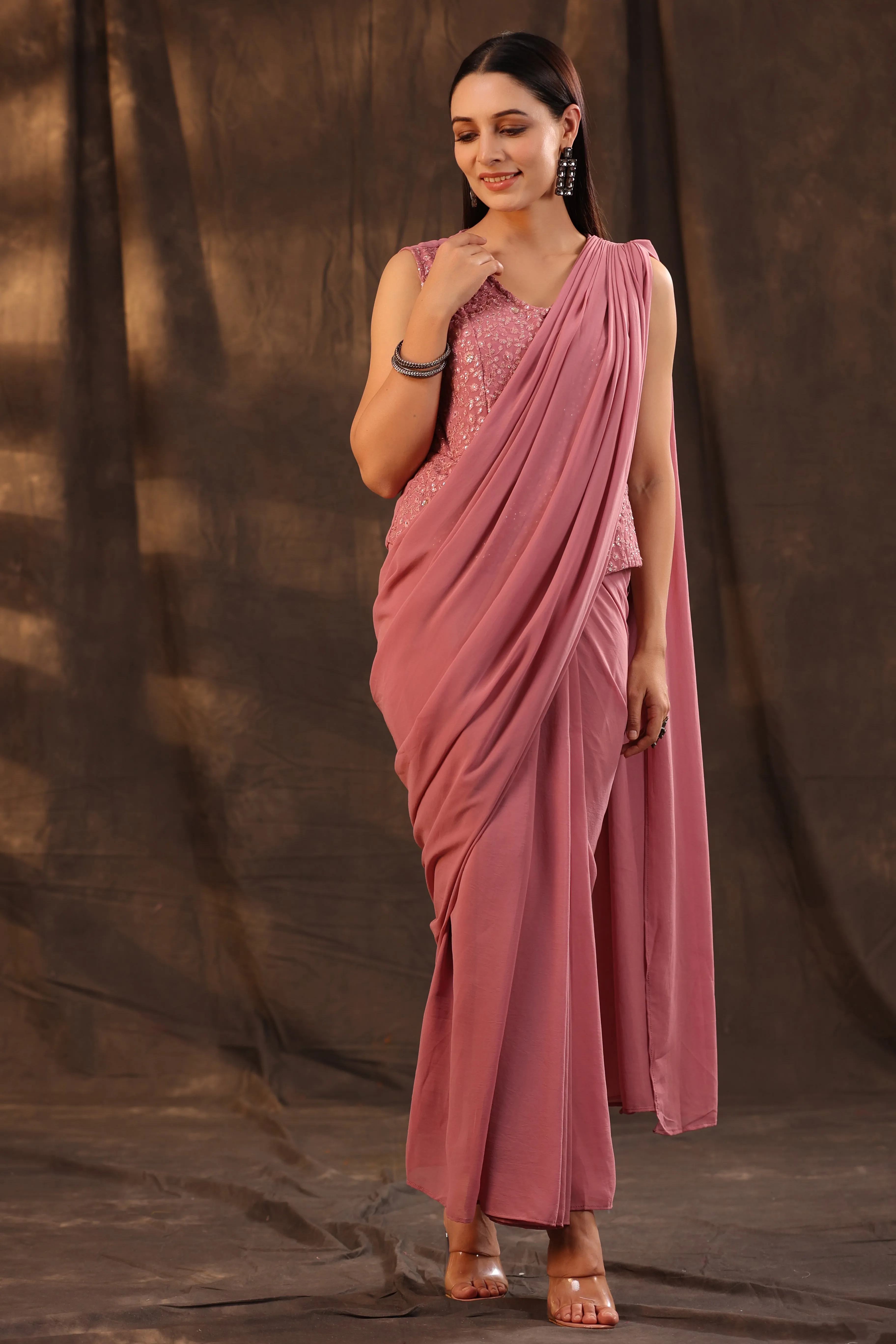 Juniper Rose Gold Floral Printed Georgette Embellished Pre-Draped Saree Style Dress With Thread Work Embroidery
