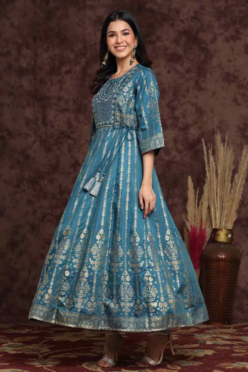 Juniper Teal Ethnic Motif Printed Shantoon Anarkali Dress.