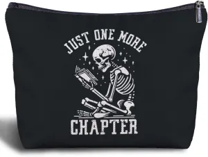 Just One More Chapter Makeup Bag for Reading Lovers, Gothic Skeleton Cosmetic Bags Zipper Pouch for Women, Gifts for Librarians Writers Readers, Halloween Makeup Bag
