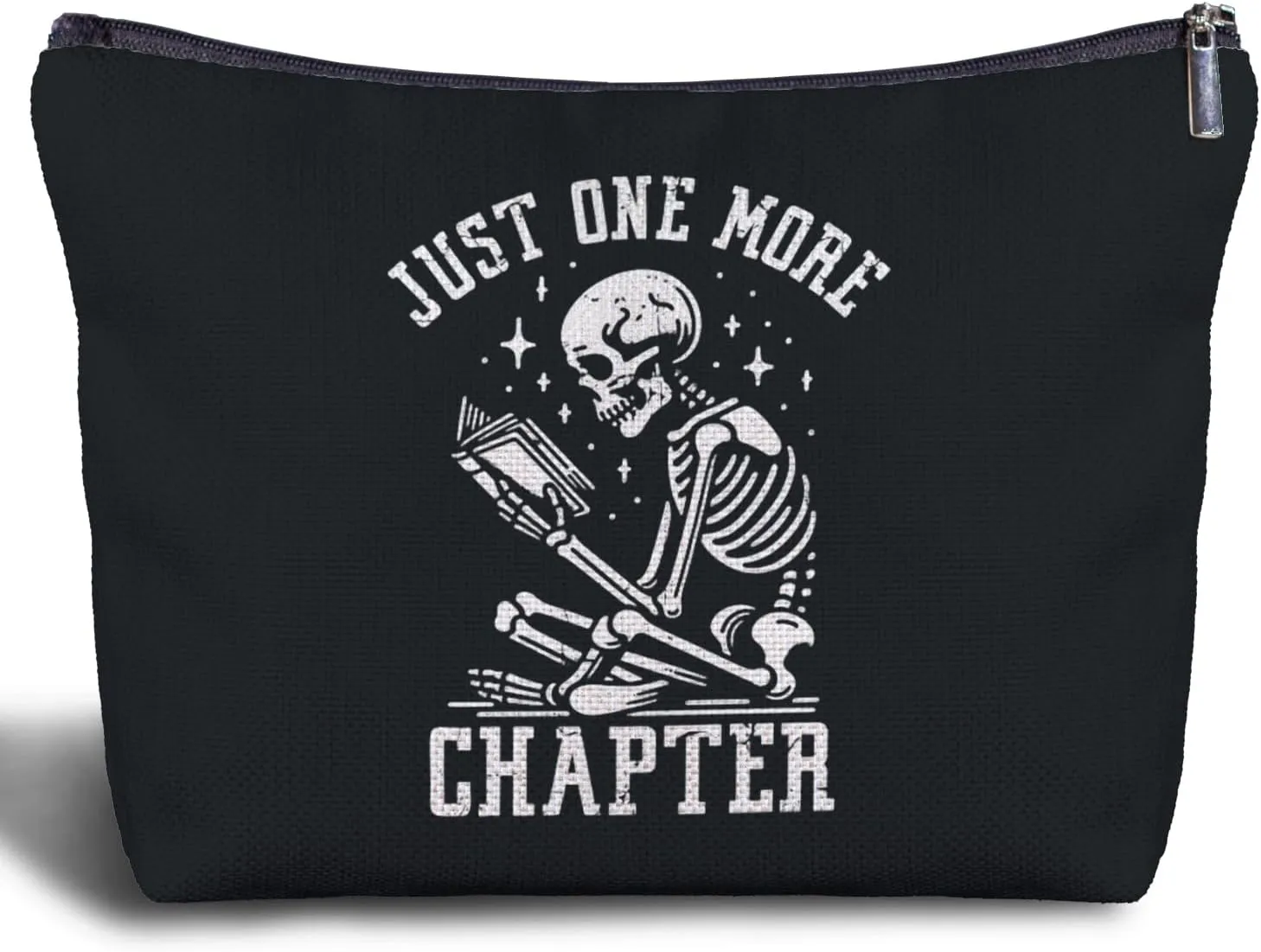 Just One More Chapter Makeup Bag for Reading Lovers, Gothic Skeleton Cosmetic Bags Zipper Pouch for Women, Gifts for Librarians Writers Readers, Halloween Makeup Bag