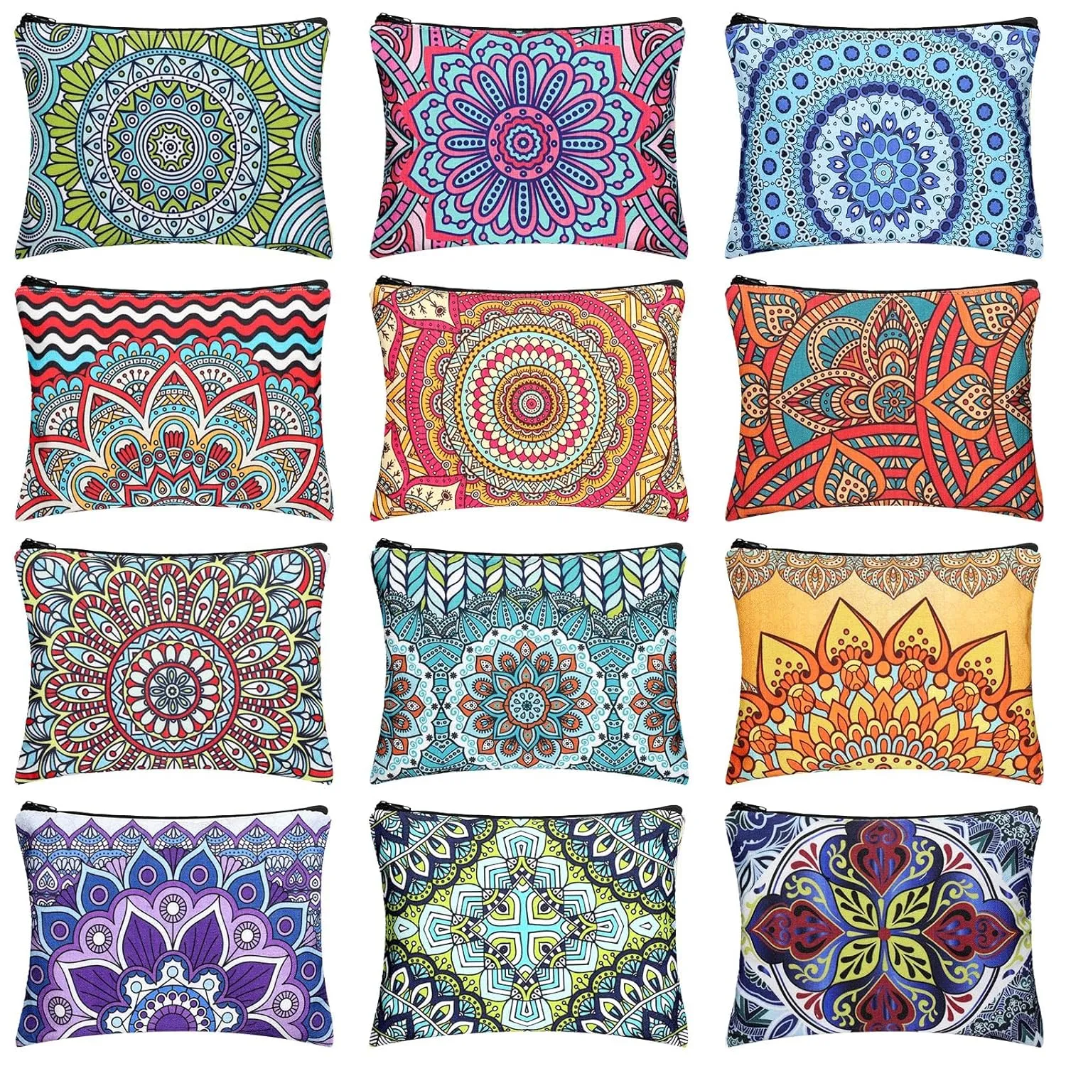 Kajaia 12 Pcs Mandala Canvas Makeup Bags Bulk Canvas Cosmetic Bag for Purse Toiletry Pouch with Zipper Travel Preppy Makeup Organizer 9.25 x 6.9 Inch Mandala Flower Cosmetic Bag Bulk for Women Adults