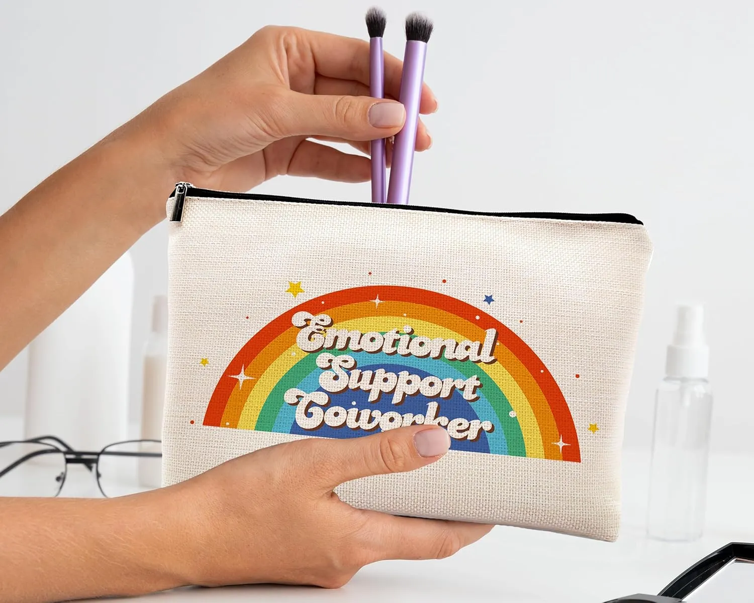 kdqua Emotional Support Coworker Makeup Bag, Coworker Leaving Gifts Work Gifts for Coworker, Coworker Thank You Gifts Employee Appreciation Gift Linen Cosmetic Bag Zipper Travel Toiletry Bag